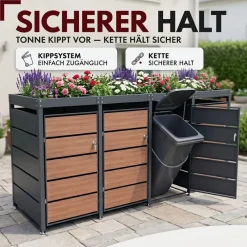 Mülltonnenbox 4er Holzdekor mit Pflanzkasten, 120L bis 240L, für Vier Tonnen, Metall, Anthrazit RAL7016, abschließbar, wetterfest, ISO9227, mit Aufkleber Set ^ ALBATROS Discount
