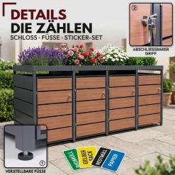 Mülltonnenbox 4er Holzdekor mit Pflanzkasten, 120L bis 240L, für Vier Tonnen, Metall, Anthrazit RAL7016, abschließbar, wetterfest, ISO9227, mit Aufkleber Set ^ ALBATROS Discount