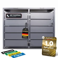 Mülltonnenbox 2er mit Pedal, 120L bis 240L, für Zwei Tonnen, Metallverkleidung aus verzinktem Stahl, Anthrazit Grau RAL7016, abschließbar, wetterfest, ISO9227, mit Aufkleber Set ^ ALBATROS Hot