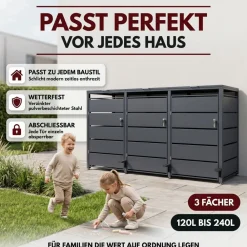 ALBATROS Mülltonnenbox 3er mit Pedal, 120L bis 240L, für Drei Tonnen, Metallverkleidung aus verzinktem Stahl, Anthrazit Grau RAL7016, abschließbar, wetterfest, ISO9227, mit Aufkleber Set Best