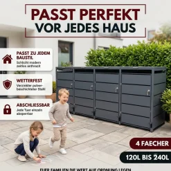 ALBATROS Mülltonnenbox 4er mit Pedal, 120L bis 240L, für Vier Tonnen, Metallverkleidung aus verzinktem Stahl, Anthrazit Grau RAL7016, abschließbar, wetterfest, ISO9227, mit Aufkleber Set Outlet