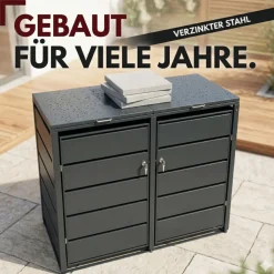 Mülltonnenbox 2er Tonne | bis 240 Liter | Anthrazitgrau RAL 7016 | verzinkter Stahl | Premium Dämpfer| Aufkleber-Set | wetterfest| ^ ALBATROS Discount