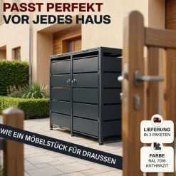 Mülltonnenbox 2er Tonne | bis 240 Liter | Anthrazitgrau RAL 7016 | verzinkter Stahl | Premium Dämpfer| Aufkleber-Set | wetterfest| ^ ALBATROS Discount
