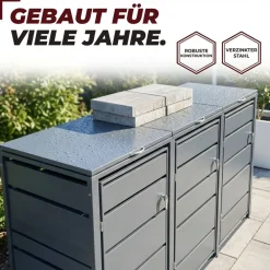 ALBATROS Mülltonnenbox 3er Tonne | bis 240 Liter | Anthrazitgrau RAL 7016 | verzinkter Stahl | Premium Dämpfer| Aufkleber-Set | wetterfest| Discount