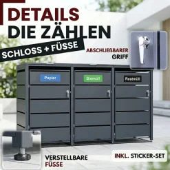 ALBATROS Mülltonnenbox 3er Tonne | bis 240 Liter | Anthrazitgrau RAL 7016 | verzinkter Stahl | Premium Dämpfer| Aufkleber-Set | wetterfest| Discount
