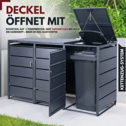 ALBATROS Mülltonnenbox 3er Tonne | bis 240 Liter | Anthrazitgrau RAL 7016 | verzinkter Stahl | Premium Dämpfer| Aufkleber-Set | wetterfest| Discount