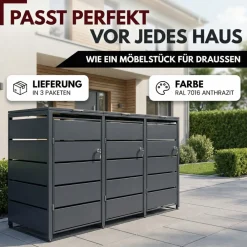 ALBATROS Mülltonnenbox 3er Tonne | bis 240 Liter | Anthrazitgrau RAL 7016 | verzinkter Stahl | Premium Dämpfer| Aufkleber-Set | wetterfest| Discount