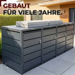 ALBATROS Mülltonnenbox 4er Tonne | bis 240 Liter | Anthrazitgrau RAL 7016 | verzinkter Stahl | Premium Dämpfer| Aufkleber-Set | wetterfest| Outlet