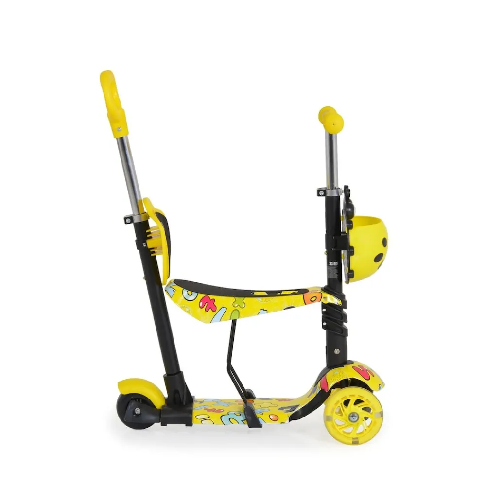 Kinderroller Lollipop 3 in 1 Schiebestange, Sitz, PU-Vorderräder mit LED gelb ^ Moni Sale