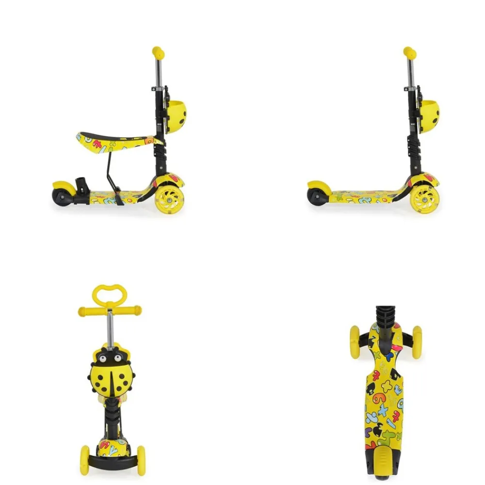 Kinderroller Lollipop 3 in 1 Schiebestange, Sitz, PU-Vorderräder mit LED gelb ^ Moni Sale