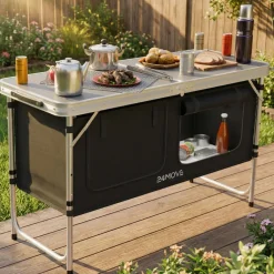 24MOVE ® Campingküche PRAIA faltbar, höhenverstellbarer Campingschrank Alu Reiseküche mit Arbeitsplatte und Staufächern, Outdoor Camping, tragbar Sale