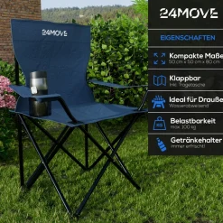 24MOVE ® Campingstuhl Faltstuhl, blau, mit Getränkehalter und Tragetasche Outdoor, faltbar max. 100kg, Angerstuhl, Klappstuhl Sale