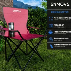 24MOVE ® Campingstuhl Faltstuhl, schwarz, mit Getränkehalter und Tragetasche Outdoor, faltbar max. 100kg, Angerstuhl, Klappstuhl New