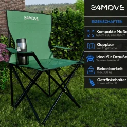 24MOVE ® Campingstuhl Faltstuhl, 2er Set, grün, mit Getränkehalter und Tragetasche Outdoor, faltbar max. 100kg, Anglerstuhl, Polyester Discount