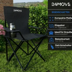 24MOVE ® Campingstuhl Faltstuhl, schwarz, mit Getränkehalter und Tragetasche Outdoor, faltbar max. 100kg, Angerstuhl, Klappstuhl New