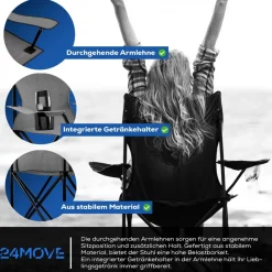 24MOVE ® Campingstuhl Faltstuhl, grau, mit Getränkehalter und Tragetasche Outdoor, faltbar max. 100kg, Angerstuhl, Klappstuhl Best