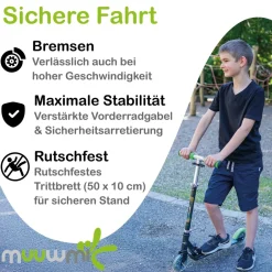 Aluminium Scooter Neon – Tretroller, 125 mm, ABEC 5, GS-geprüft, höhenverstellbar, LED-Leuchtrollen, grün-schwarz ^ Muuwmi New