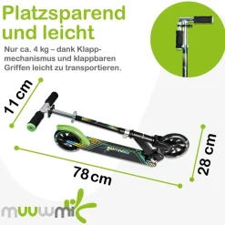 Aluminium Scooter Neon – Tretroller, 180 mm, ABEC 5, GS-geprüft, höhenverstellbar, LED-Leuchtrollen, grün-schwarz ^ Muuwmi Online