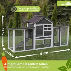 MyAnimal Hasenstall MH-31, Doppelgarten, Freilauf, wetterfester Kaninchenstall, imprägniertes Holz (Grau 2.0) ^ My Animal New