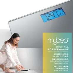 Personenwaage digitale Waage für Personen, große Trittfläche aus 6mm Sicherheitsglas, 1-tlg., Badezimmer Digitalwaage, schmales Design, max. Belastung über 150 kg ^ MyBeo New