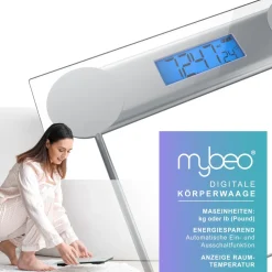 Personenwaage digitale Waage für Personen, große Trittfläche aus 6mm Sicherheitsglas, 1-tlg., Badezimmer Digitalwaage, schmales Design, max. Belastung über 150 kg ^ MyBeo Clearance