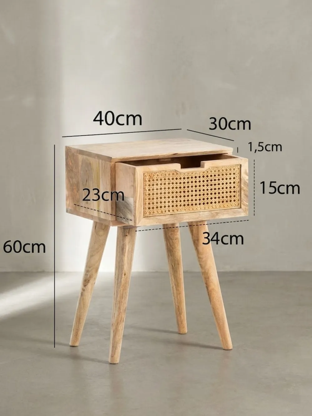 KADIMA DESIGN Nachttisch – Mango Massivholz/Rattan, 40x60x30 cm, Braun, 1 Schublade, Wiener Geflecht Online
