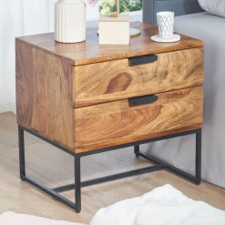 Finebuy Nachttisch Sheesham Massivholz Schubladen Nachtkonsole Industrial Nachtkästchen Outlet