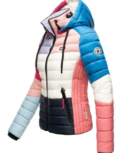 NAVAHOO Damen Steppjacke leichte Übergangsjacke mit Kapuze im Colourblocking Stil Lulana Multikulti Dark 1 Best
