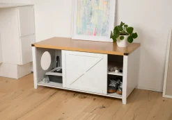 Katzenschrank groß für Katzentoilette XXL aus Holz mit Schuhschrank Sitzkommode, Katzenklo-Schrank Kommode, Design Katzenhaus Toilette Klo, 110 x 50 x 53 cm, weiß braun ^ needs&wants® Outlet