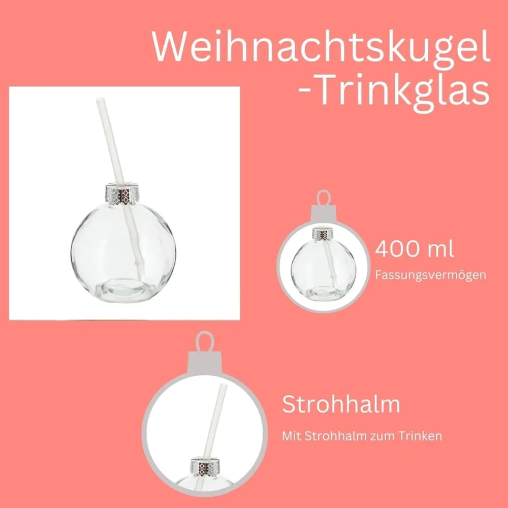 Novaliv 2X Tassen Glühwein 400 ml Personalisierte Weihnachtstasse mit Trinkhalm - Weihnachtskugel als Glühweinbecher - Christbaumkugel Motiv Tasse Tannenbaum Kugel Weihnachtstassen Handwärmer Mugs Discount