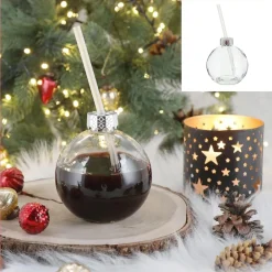 Novaliv 12x Tassen Glühwein 400 ml Personalisierte Weihnachtstasse mit Trinkhalm - Weihnachtskugel als Glühweinbecher - Christbaumkugel Motiv Tasse Tannenbaum Kugel Weihnachtstassen Handwärmer Mugs