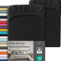 Edel Jersey Spannbettlaken Deluxe für Matratzen bis 25 cm Steghöhe - 100% Baumwolle supergekämmt, 140g/m², Rundumgummizug Farbe:Schwarz;Größe: (2er Set) ^ NYVI