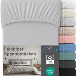 Feinbiber Spannbettlaken Deluxe für Matratzen bis 25 cm Steghöhe - Extra Warm & Weich, 100% Baumwolle, Bügelfrei, Vorgekrumpft Farbe:Silber;Größe: ^ NYVI Online