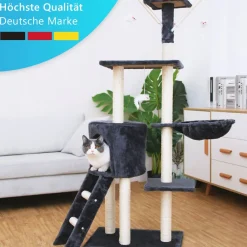 NYVI Katzen Kratzbaum Simba 142 cm - Deluxe Katzenbaum mit Katzenhöhle, Spielzeug, Plattform, Sisal Kratzsäule und Hängematte Dunkelgrau New