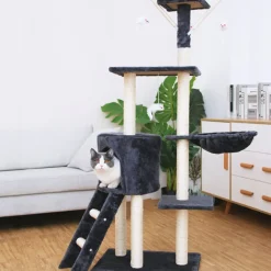 NYVI Katzen Kratzbaum Simba 142 cm - Deluxe Katzenbaum mit Katzenhöhle, Spielzeug, Plattform, Sisal Kratzsäule und Hängematte Dunkelgrau New