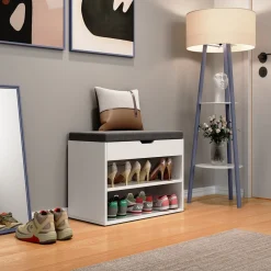 -Store Schuhbank Titus Weiß, 60 x 45 cm, Schuhregal mit Sitz, Klappdeckel, Fächer ^ Oskar Hot