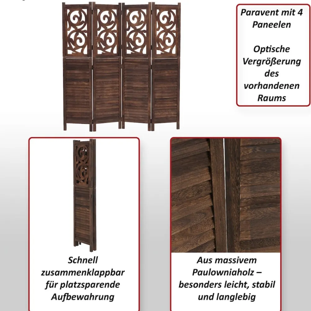 MCW Paravent T568, Raumteiler Trennwand Sichtschutz Raumtrennung, Ornamente klappbar Paulownia Holz 170x160cm ~ grün Discount