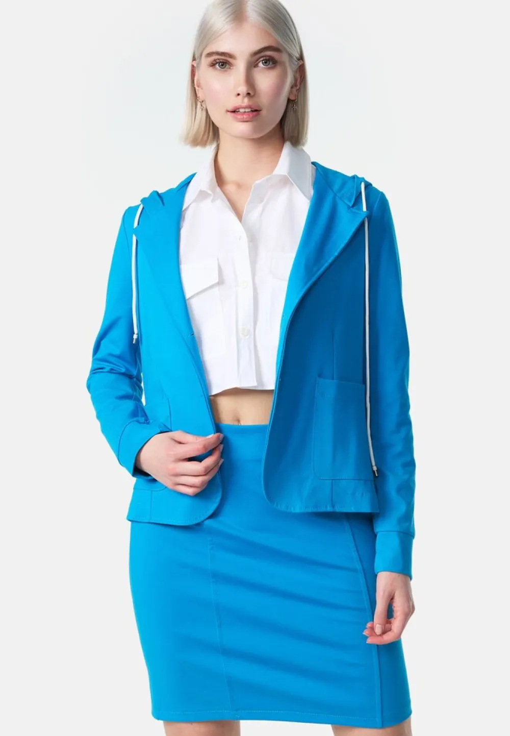 PM SELECTED Damen Kurzblazer Sportliches Sakko Business Hoodie Blazer mit Kapuze - Reverskragen & Zugband PM21 Blau New