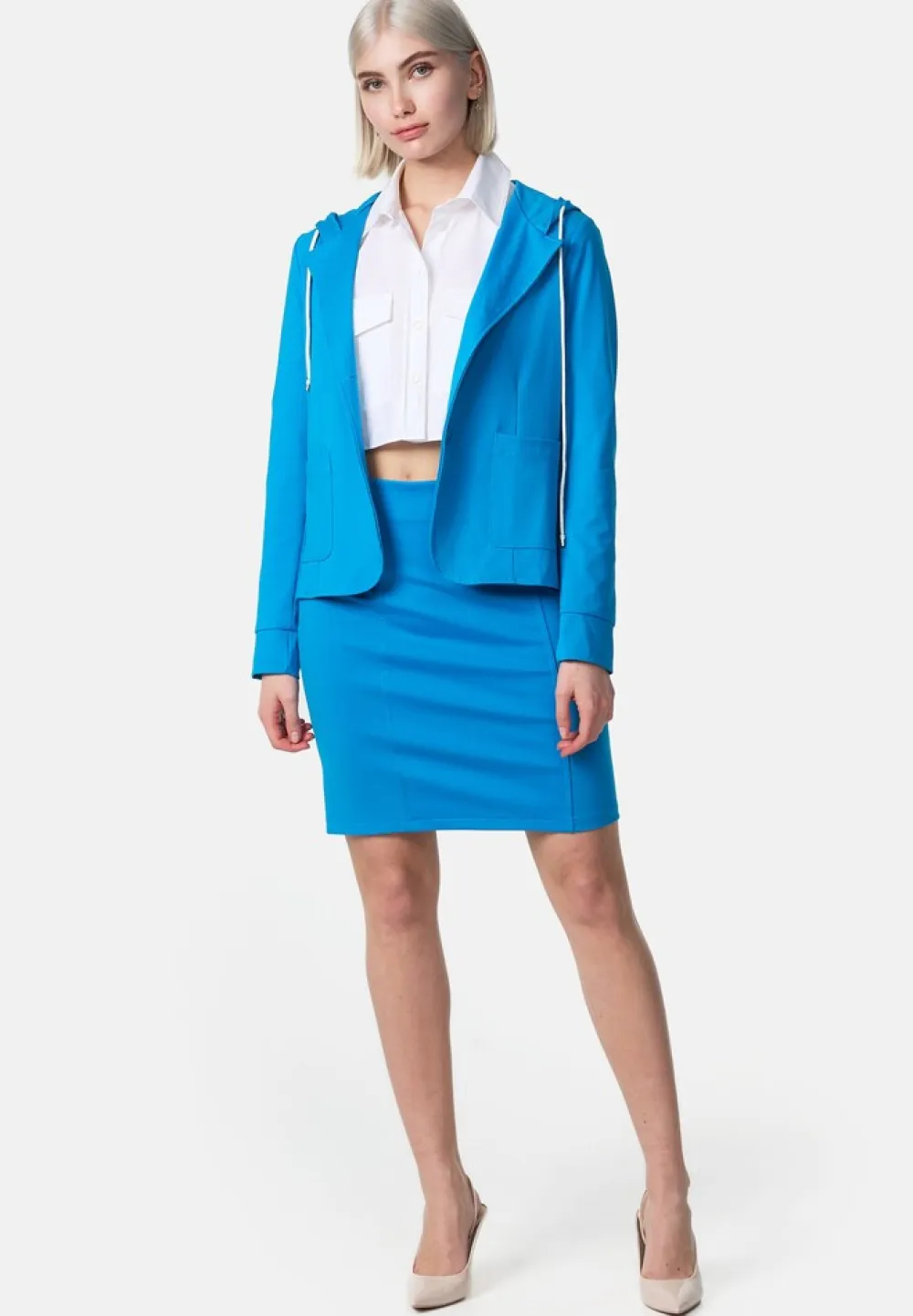 PM SELECTED Damen Kurzblazer Sportliches Sakko Business Hoodie Blazer mit Kapuze - Reverskragen & Zugband PM21 Blau New