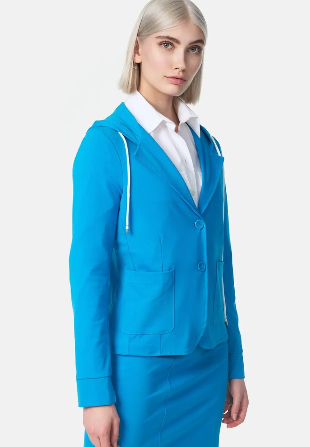 PM SELECTED Damen Kurzblazer Sportliches Sakko Business Hoodie Blazer mit Kapuze - Reverskragen & Zugband PM21 Blau New