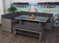 Poly-Rattan-Garnitur -A29, Gartengarnitur Sitzgruppe Lounge-Esstisch-Set Sofa ~ grau, Kissen grau + Bank ^ MCW Sale