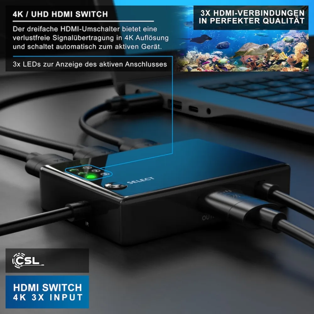 Primewire Audio / Video Matrix-Switch, 3-Port UHD HDMI Switch / Verteiler inkl. Fernbedienung, 4K, 3D, CEC Outlet