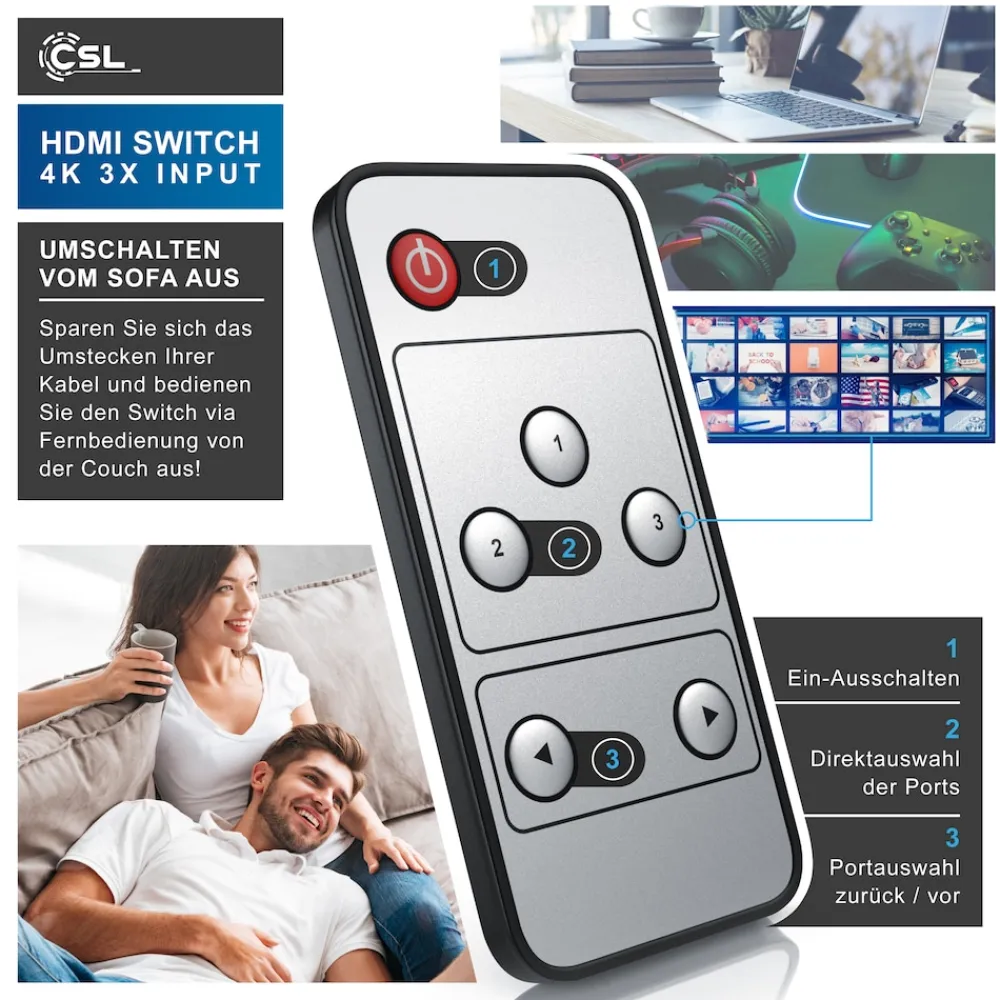 Primewire Audio / Video Matrix-Switch, 3-Port UHD HDMI Switch / Verteiler inkl. Fernbedienung, 4K, 3D, CEC Outlet