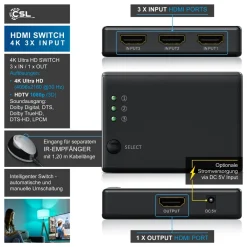 Primewire Audio / Video Matrix-Switch, 3-Port UHD HDMI Switch / Verteiler inkl. Fernbedienung, 4K, 3D, CEC Outlet