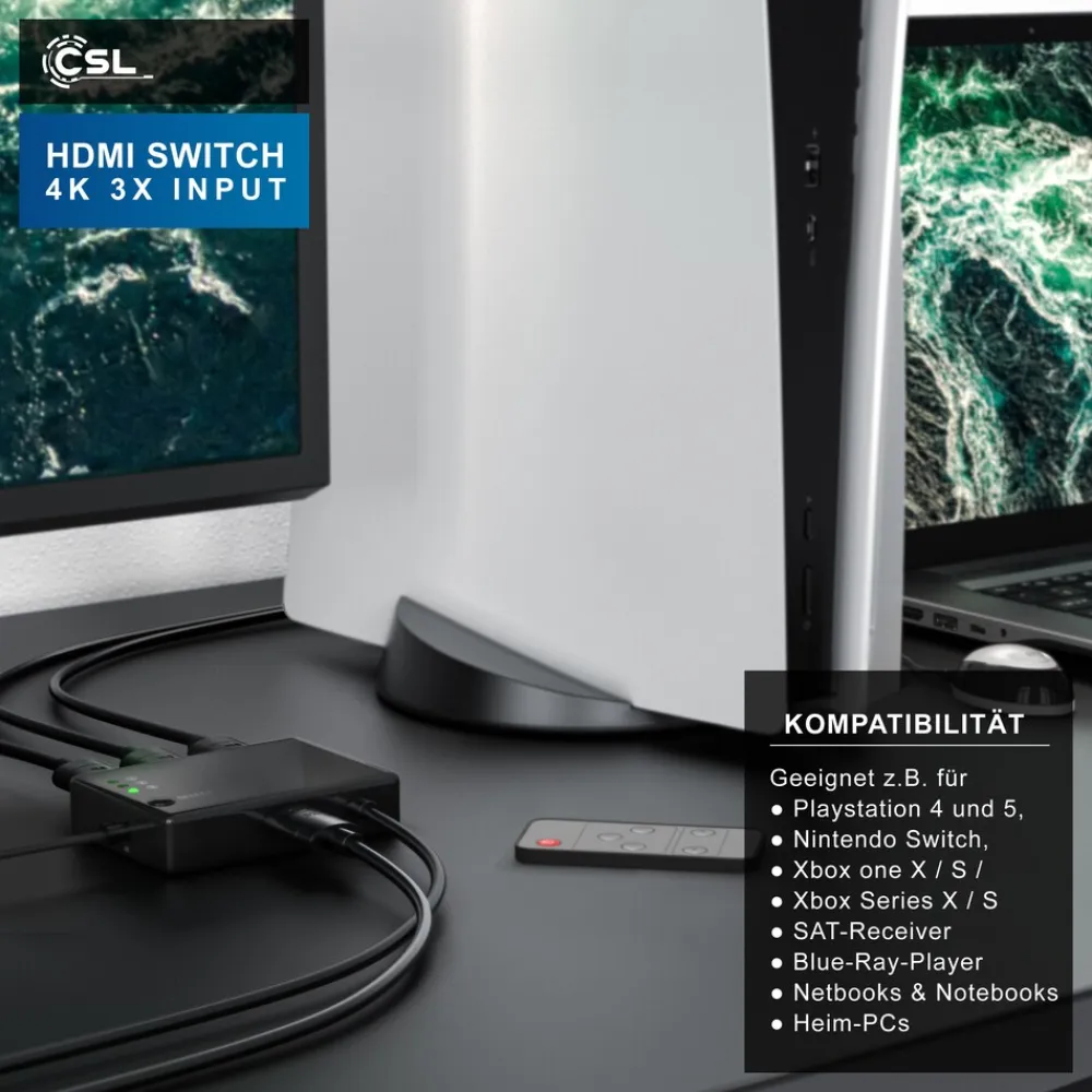 Primewire Audio / Video Matrix-Switch, 3-Port UHD HDMI Switch / Verteiler inkl. Fernbedienung, 4K, 3D, CEC Outlet