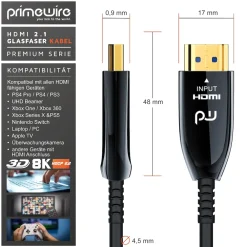 Primewire - HDMI Kabel 2.1 Glasfaser, 8K 120Hz, 4k 240Hz, optisches Kabel, HDR10+ 3D eARC CEC, HDCP 2.3 HDMI Kabel Ultra High Speed, Glasfaserkabel - 15 m New