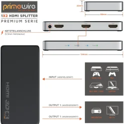 Primewire HDMI Splitter Verteiler 4K UHD Sat Verteiler 2160p 4K 30Hz, Full HD 144 Hz, 1 in 2 Out, CEC, HDCP, 3D Ready, Deep Color 30Bit 36Bit 48Bit Discount