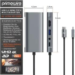 Primewire 5 in 1 USB 3.2 Gen1 Typ C Hub zu VGA Adapter, 4K HDMI + USB Typ A + Typ C PD Ladeport für Macbook Laptop etc. Outlet