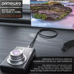 Primewire 8K HDMI 2.1 auf Micro HDMI Adapterkabel, 7680 x 4320 @ 120 Hz mit DSC - 1m New