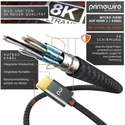 Primewire 8K HDMI 2.1 auf Micro HDMI Adapterkabel, 7680 x 4320 @ 120 Hz mit DSC - 1m New